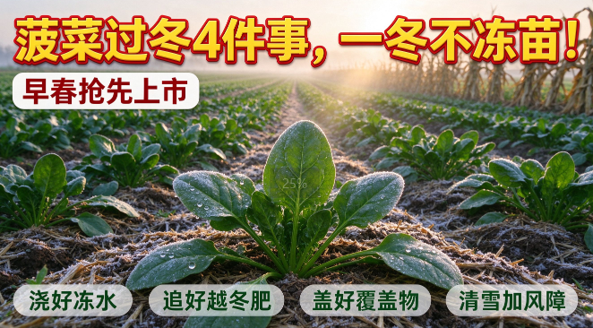 越冬菠菜冬天怎么管？浇冻水、追越冬肥、盖覆盖物、清雪加风障4件事，一冬不冻苗早春先上市